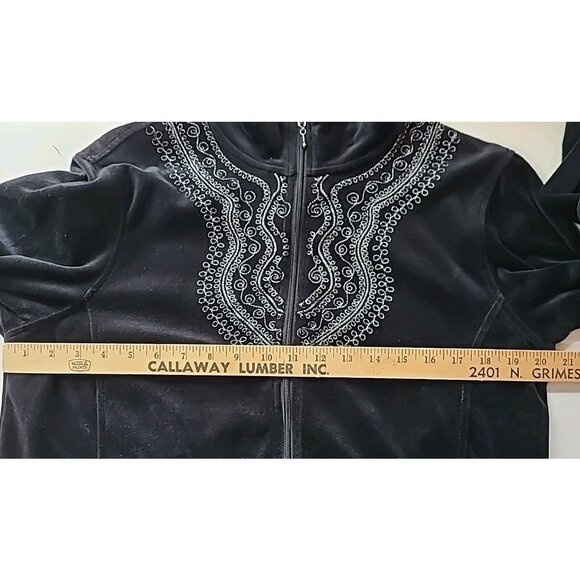 Vintage Velour Tracksuit Womens L Embellished Bling Full Zip 2pc Set Black - Picture 4 of 16
